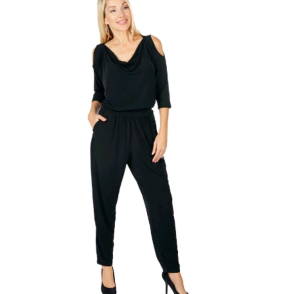 NWT Kim & Co Brazil Knit cold shoulder black jumpsuit - Picture 1 of 8
